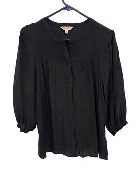 Nanette Lepore Top Medium Smocked Yoke Balloon Sleeve Black Button 3/4 Sleeve